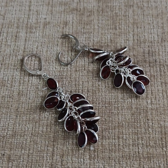 Silver Tone Synthetic Garnet Oval Cab Bezel Set Earrings - Picture 2 of 5